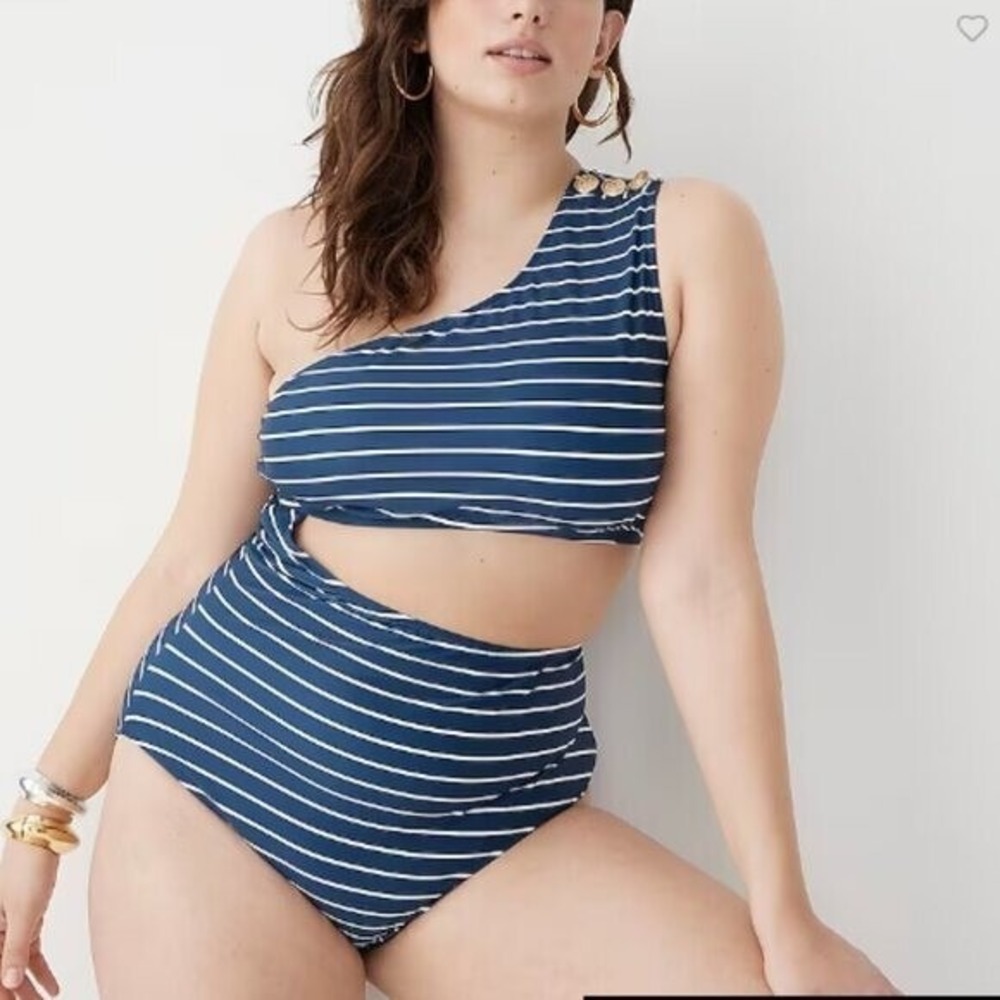 J.Crew Navy‎ Striped One-Shoulder Cutout Swimsuit Gold Button Nautical One-Piece